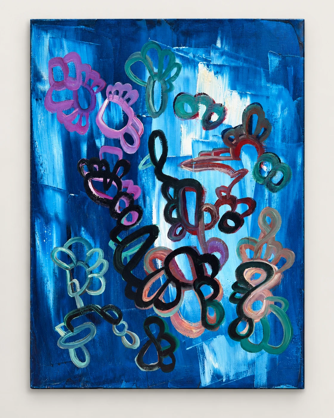 Portrait-format painting of dark, pink and green looping outlines around a pale centre on deep blue.