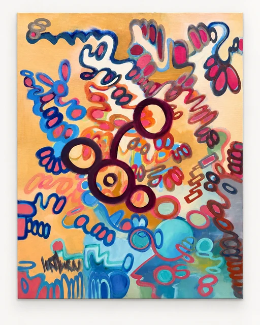Portrait-format painting of rounded blue and red outlined figures and dark circles on a yellow-orange ground.