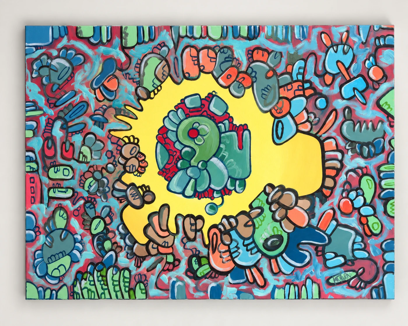 Landscape-format painting with a yellow central opening surrounded by green, coral and blue outlined forms.