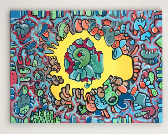 Landscape-format painting with a yellow central opening surrounded by green, coral and blue outlined forms.