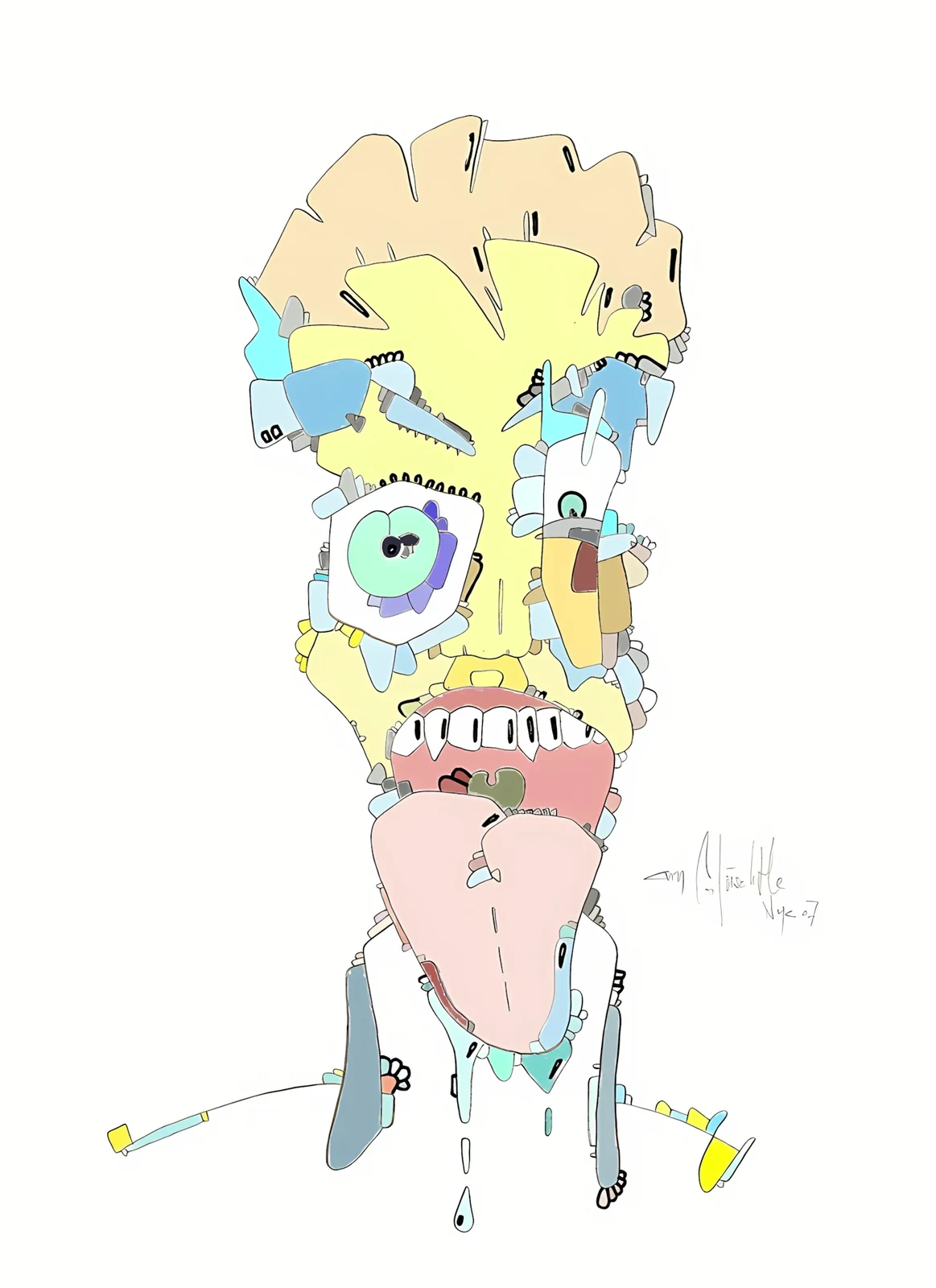 A tall face-like arrangement of pale yellow, turquoise and pink forms on white.