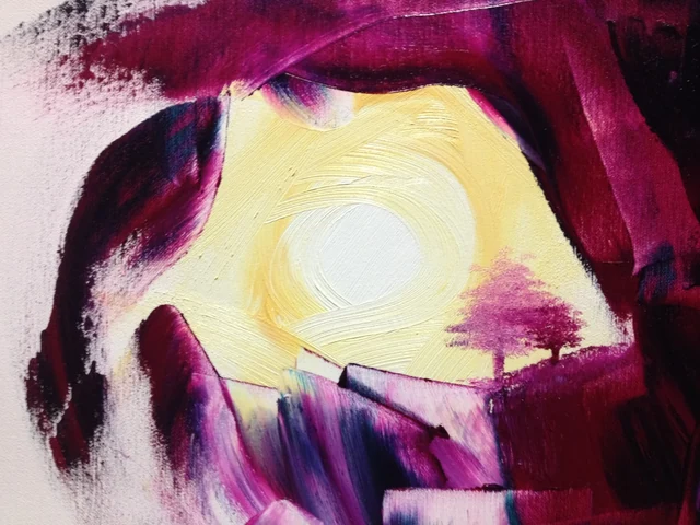 A pale yellow circular form surrounded by broad burgundy, purple and dark blue marks.
