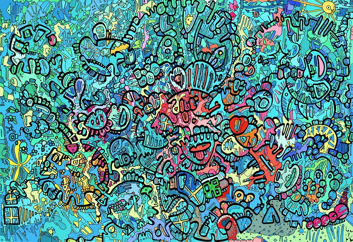 Intricate aqua and blue landscape composition filled with dark outlines and small yellow, red and green details.