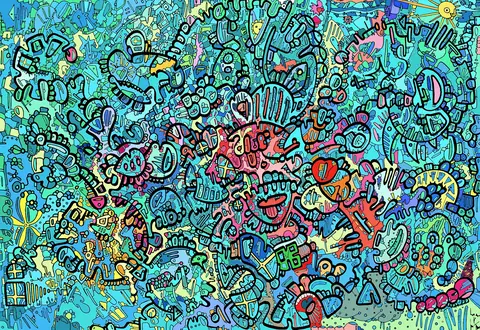 Intricate aqua and blue landscape composition filled with dark outlines and small yellow, red and green details.