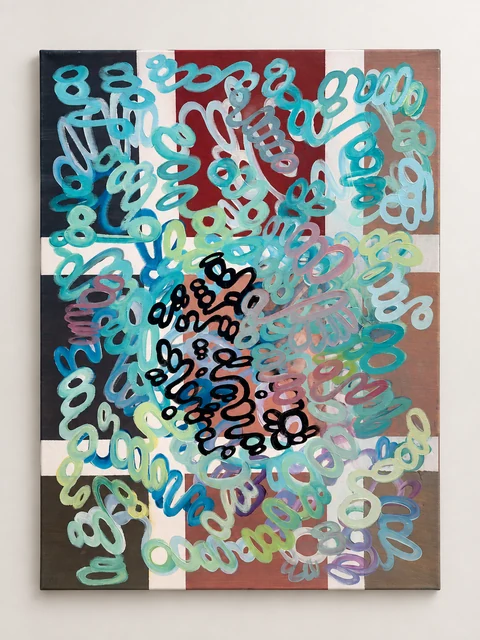 Portrait-format painting of interlocking pale turquoise and green looping shapes with darker marks on a muted ground.