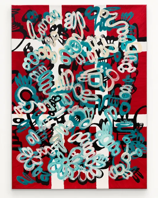 Portrait-format painting of pale turquoise and white looping figures on angular red, black and white fields.