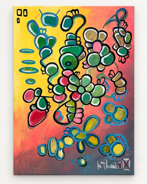 Portrait-format painting of outlined green and blue rounded figures against a yellow and coral ground.