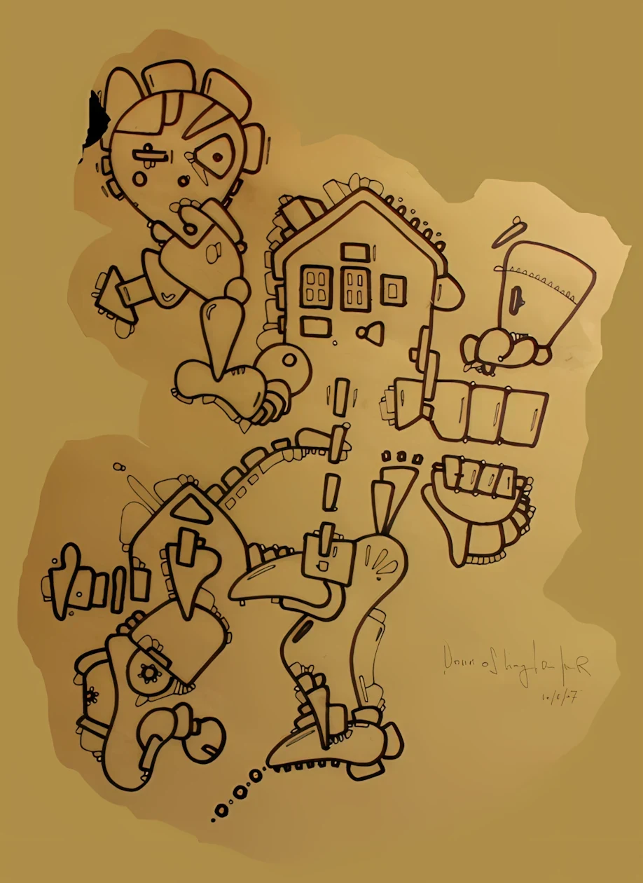 A loose arrangement of dark outlined figures and a small house on an ochre ground.