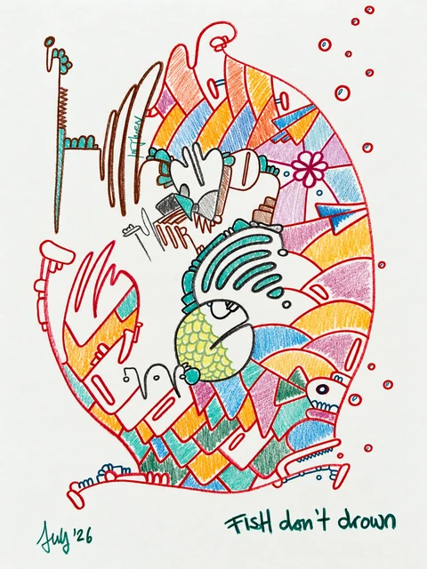 A colourful curved composition of fish-like figures, hands, fins and geometric forms on white.