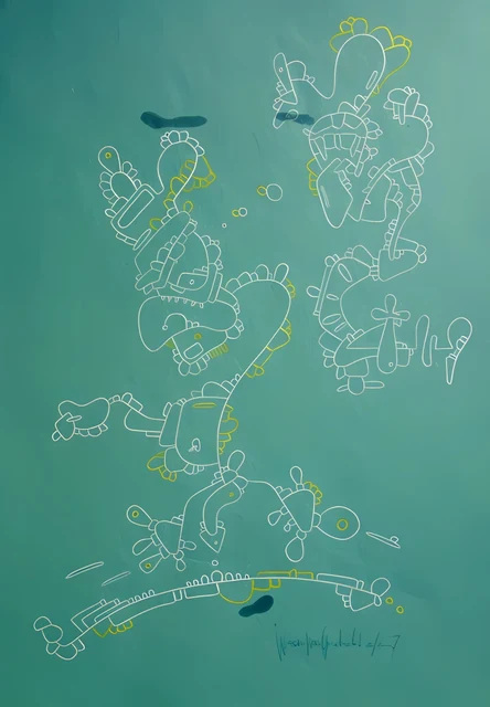 Faint outlined figures and small yellow and blue accents on a muted turquoise-green ground.
