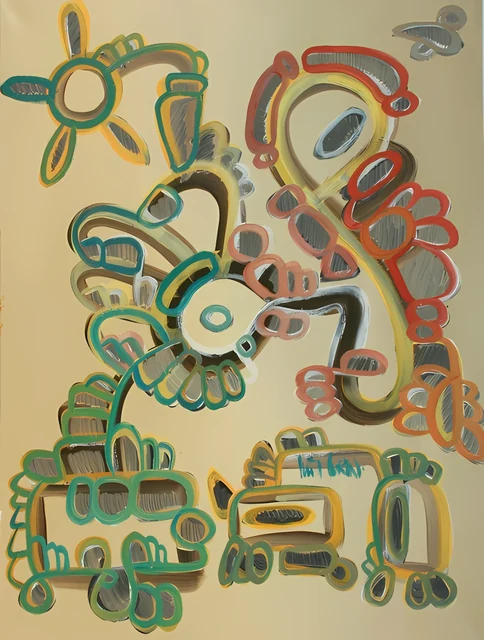 Broad looping outlines in green, coral, yellow and dark brown on a sand-coloured ground.