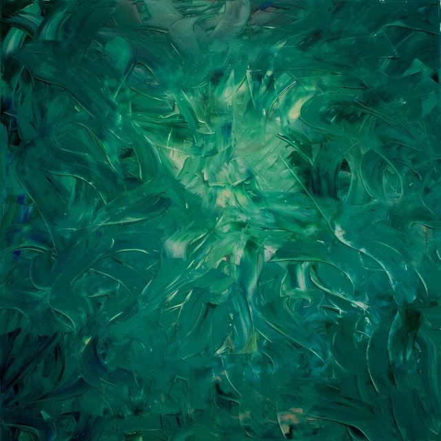 Layered sweeping marks in deep emerald, teal and light green around a lighter centre.