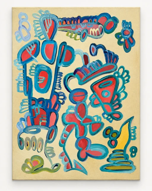 Portrait-format painting of turquoise outlined figures with red and pale yellow accents on a warm light ground.