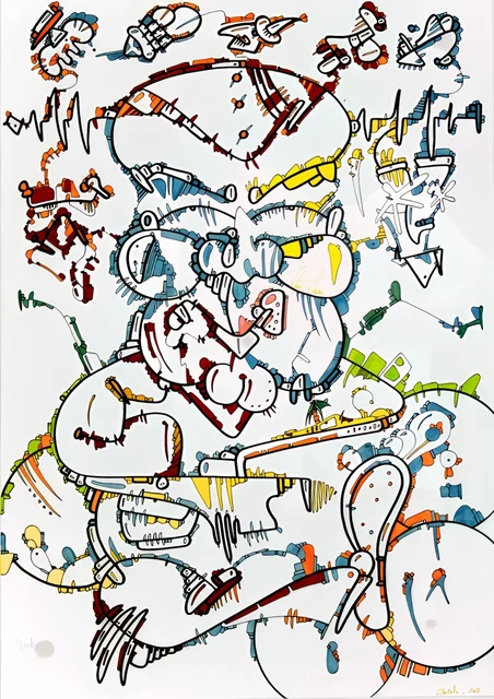 Layered black outlined figures on white with small red, yellow, blue and green details.