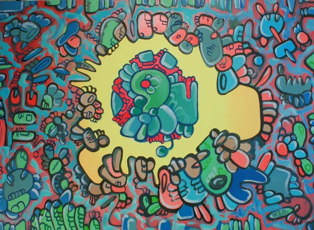 Rounded green and red forms surround a pale yellow central shape against a dark blue field.