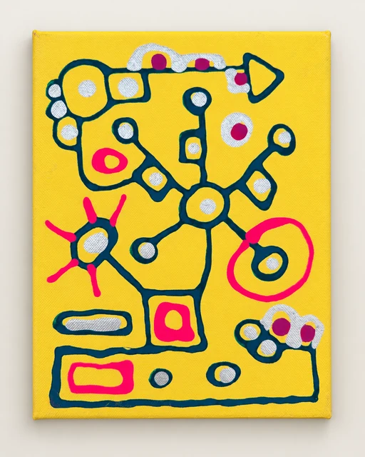 Small portrait-format painting of broad dark blue outlines, red circles and pale details on yellow.