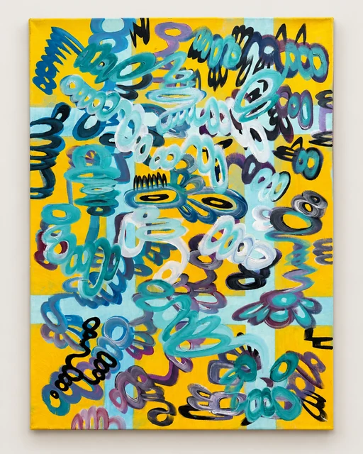 Portrait-format painting of turquoise, pale blue, white and dark blue looping forms on yellow.