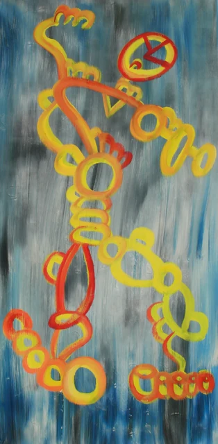 Yellow and orange outlined forms with red accents on a tall grey-blue background.