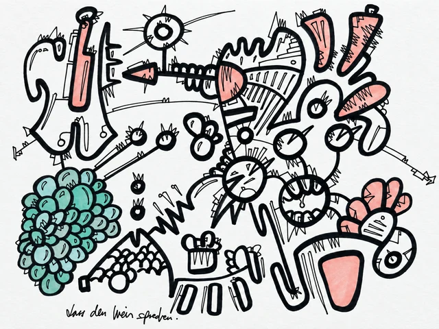 A horizontal drawing of black outlined figures, mechanical forms and loops, with pale green and pink details.