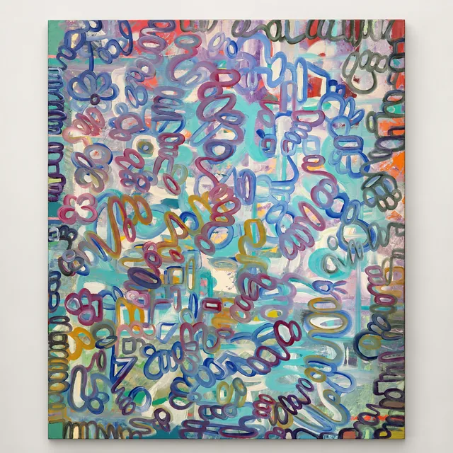 Photograph of a painting densely filled with small outlined figures and loops in blue, turquoise, yellow and red.