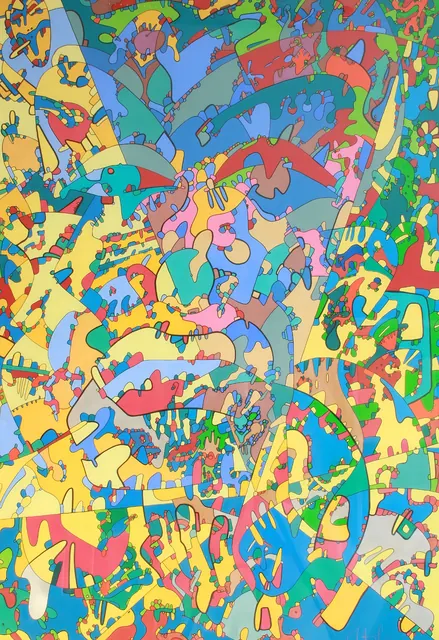 Tall multicoloured composition of tightly interwoven forms in yellow, blue, green, pink and red.