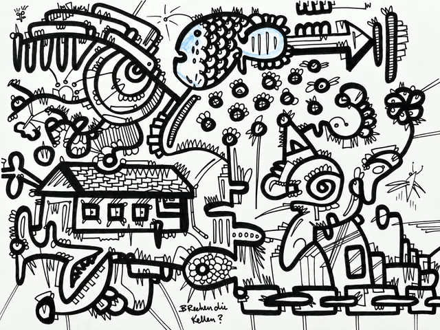 A horizontal black-line drawing filled with interlocking figures, platforms, spirals and mechanical details.