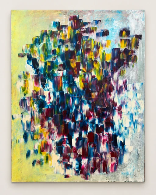 Portrait-format painting with a central cluster of blue, burgundy, yellow and white brushstrokes on a pale yellow ground.