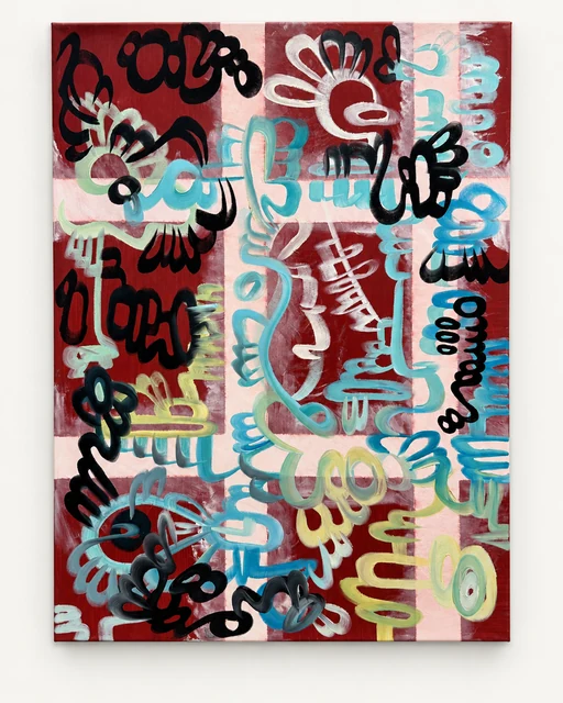 Portrait-format painting of layered pale blue, black and white looping forms across burgundy and coral blocks.