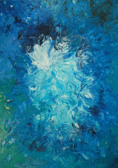 A pale blue swirl surrounded by layered dark and bright blue marks.