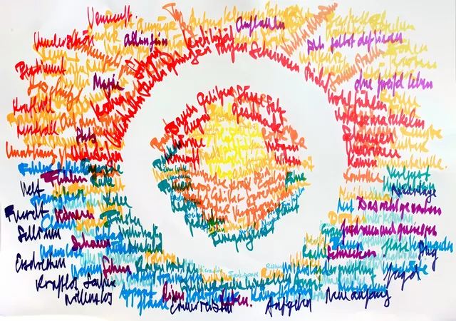Coloured handwritten lines form a circular composition, warm reds above and blues below.