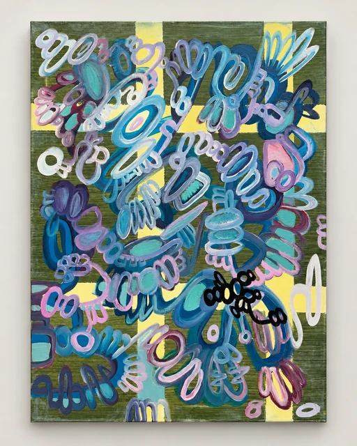 Portrait-format painting of tightly layered white, green and blue looping figures with yellow accents.