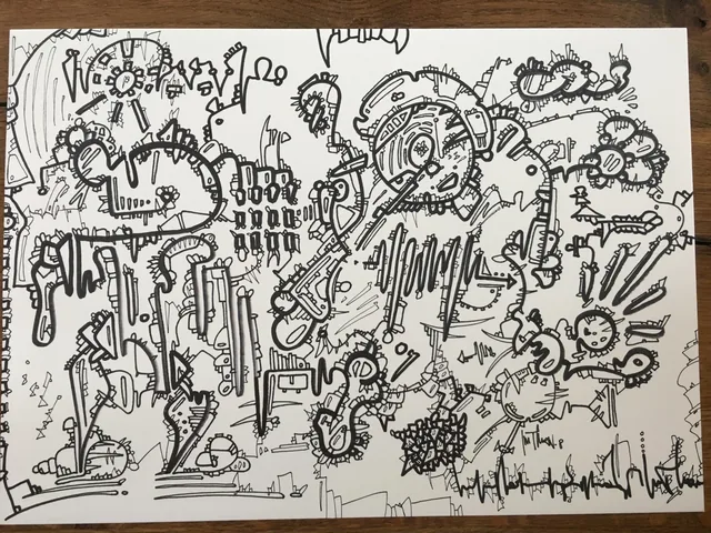 A photographed sheet filled with fine black line drawings of imaginary figures and mechanical forms.