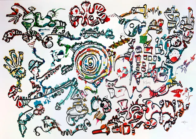 A landscape drawing of intertwined figures and signs arranged around a coloured spiral.