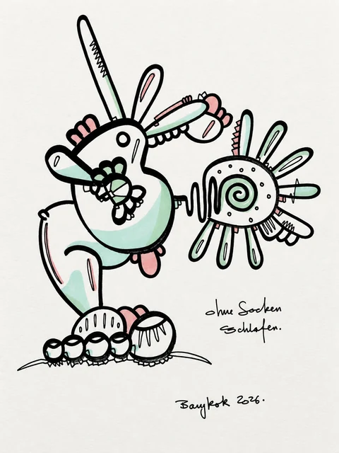 Two rounded imaginary figures outlined in black, with long ears, circular details and pale green and pink accents.