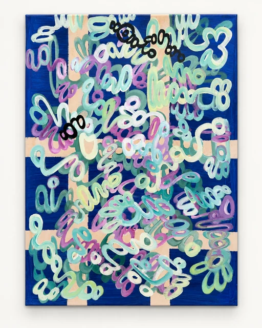 Portrait-format painting of interlocking pale green, turquoise, white and pink loops on a dark blue ground.