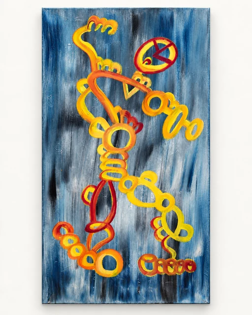 Tall painting of a yellow and orange outlined figure raising one arm against a layered blue background.