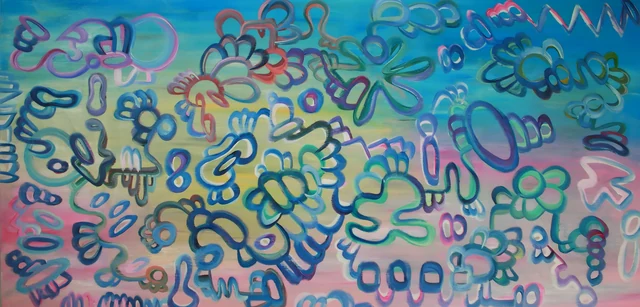 Wide composition of rounded outlined forms over turquoise, blue and pink colour.