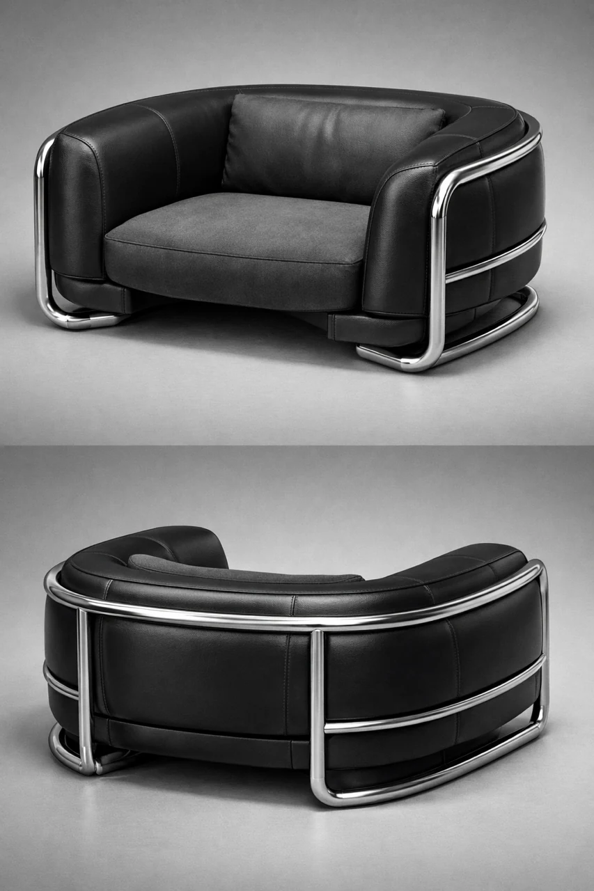 Front and rear concept views of a black upholstered chair with a tubular metal frame.
