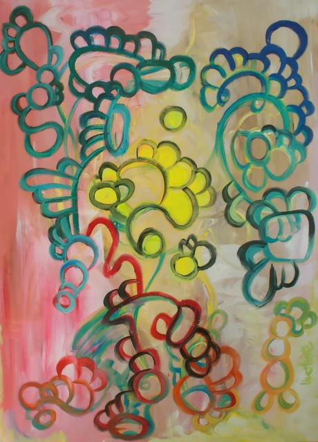 Tall composition of green, blue and red looping forms over yellow, white and coral colour.