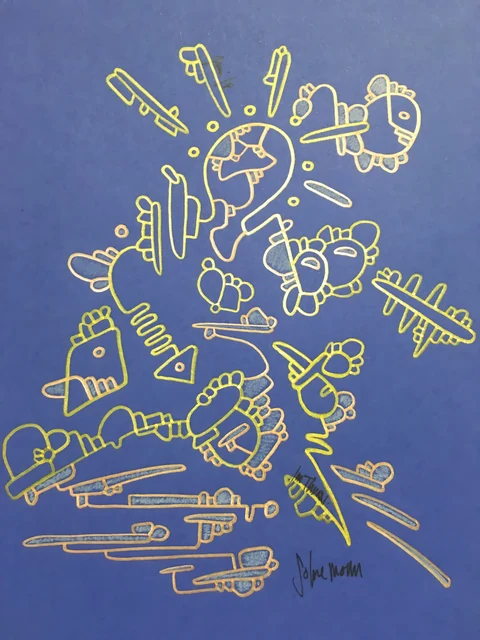 Fine yellow outlines of irregular figures and small shapes on a deep blue ground.