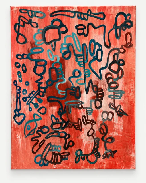 Portrait-format painting of loosely connected dark teal outlined forms on a bright red and coral ground.