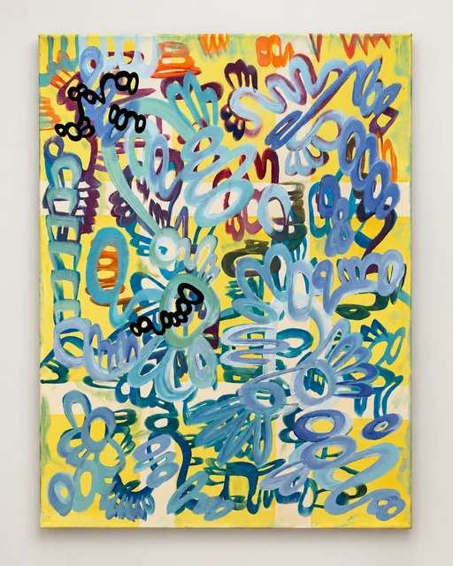 Portrait-format painting densely layered with blue, teal and white looping marks over a yellow ground.
