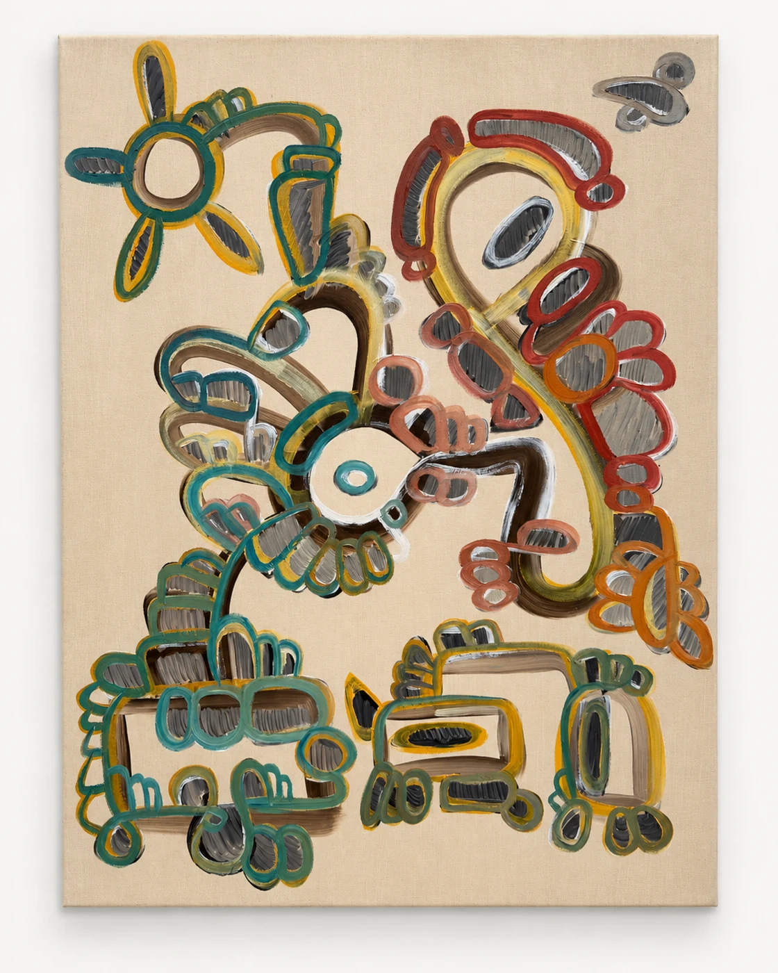 Portrait-format painting of loosely outlined yellow, red and green figures on a pale grey-beige ground.