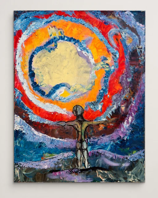 Portrait-format painting with a small figure below broad circular bands of yellow, orange, red and blue.