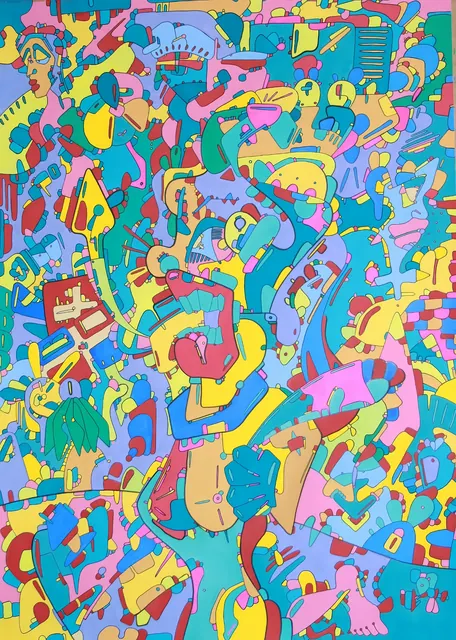 Dense vertical composition of interlocking blue, pink, yellow and green figures outlined in dark lines.